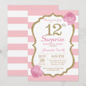 Verrassend 12e verjaardag Uitnodiging Roze en Goud (Voorkant / Achterkant)
