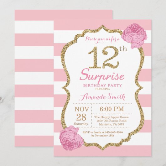 Verrassend 12e verjaardag Uitnodiging Roze en Goud (Voorkant / Achterkant)