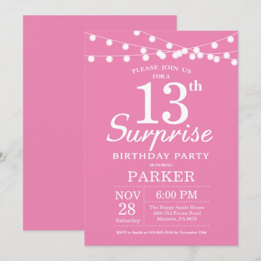 Verrassend 13e dag uitnodiging roze (Voorkant / Achterkant)