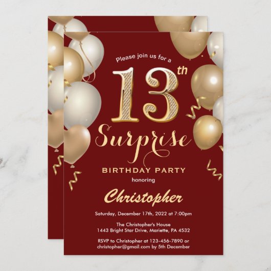 Verrassend 13e verjaardag Donkere rode en gouden b Kaart (Voorkant / Achterkant)