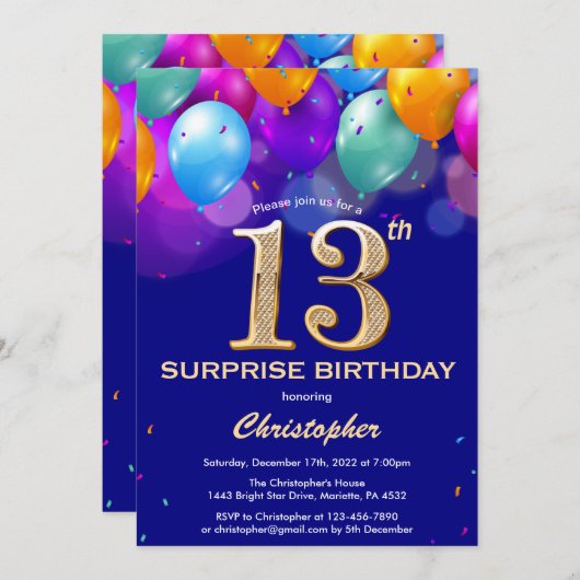 Verrassend 13e verjaardag marineblauw en gouden ba kaart (Voorkant / Achterkant)