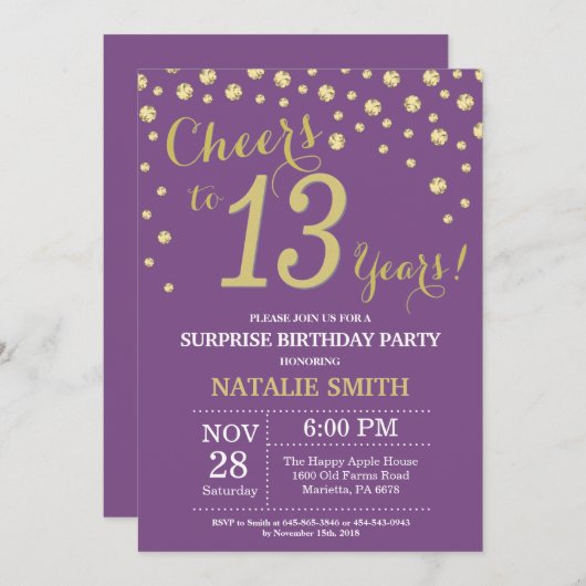Verrassend 13e verjaardag Paars en Gold Diamond Kaart (Voorkant / Achterkant)