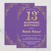 Verrassend 13e verjaardag Paars en Gold Glitter Kaart (Voorkant / Achterkant)