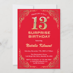 Verrassend 13e verjaardag Red en Gold Glitter Kaart