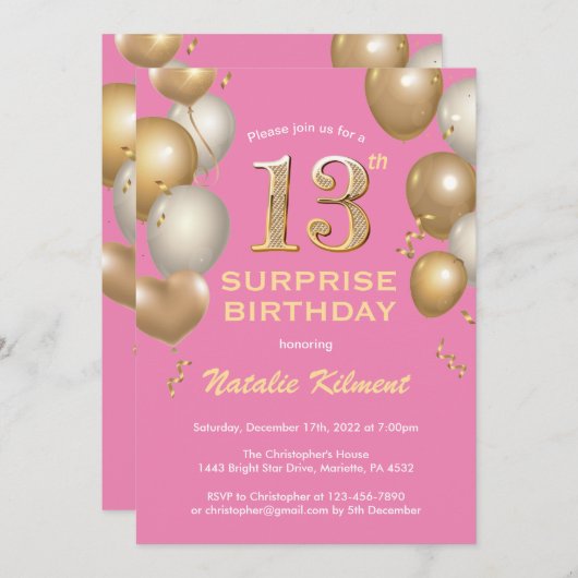 Verrassend 13e verjaardag Roze en gouden ballonnen Kaart (Voorkant / Achterkant)