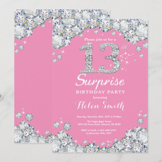 Verrassend 13e verjaardag Roze en Silver Diamond Kaart (Voorkant / Achterkant)