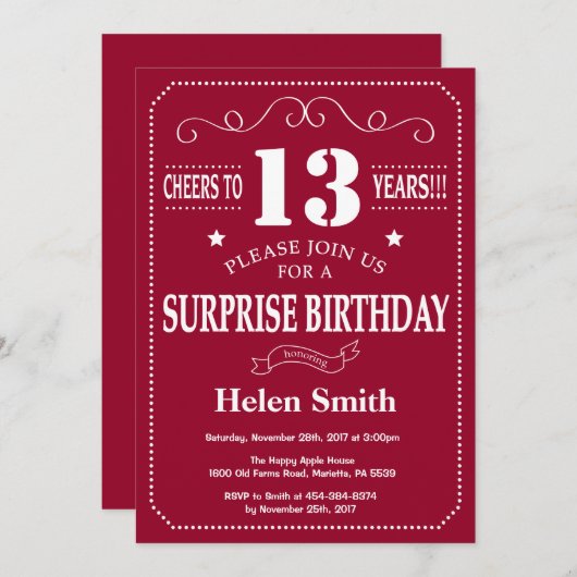 Verrassend 13e verjaardag Uitnodiging Burgundy Red (Voorkant / Achterkant)