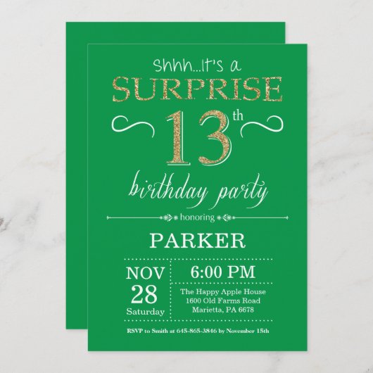 Verrassend 13e verjaardag Uitnodiging groen en gou (Voorkant / Achterkant)