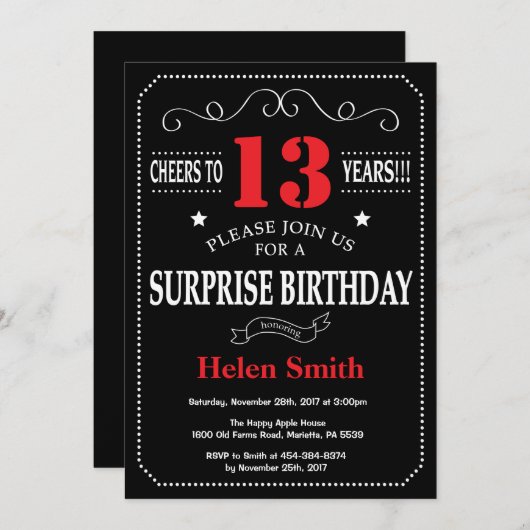 Verrassend 13e verjaardag Uitnodiging rood en zwar (Voorkant / Achterkant)