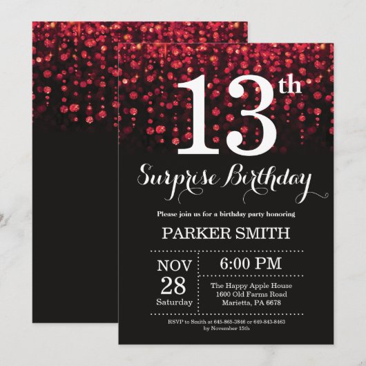Verrassend 13e verjaardag Uitnodiging rood glitter (Voorkant / Achterkant)