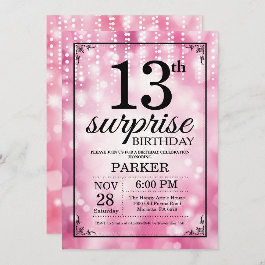 Verrassend 13e verjaardag Uitnodiging Roze Glitter (Voorkant / Achterkant)
