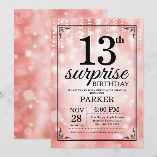 Verrassend 13e verjaardag Uitnodiging Roze Glitter (Voorkant / Achterkant)