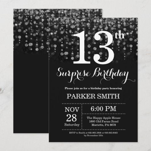Verrassend 13e verjaardag Uitnodiging Silver Glitt (Voorkant / Achterkant)