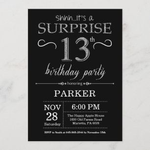 Verrassend 13e verjaardag Uitnodiging zwart en zil