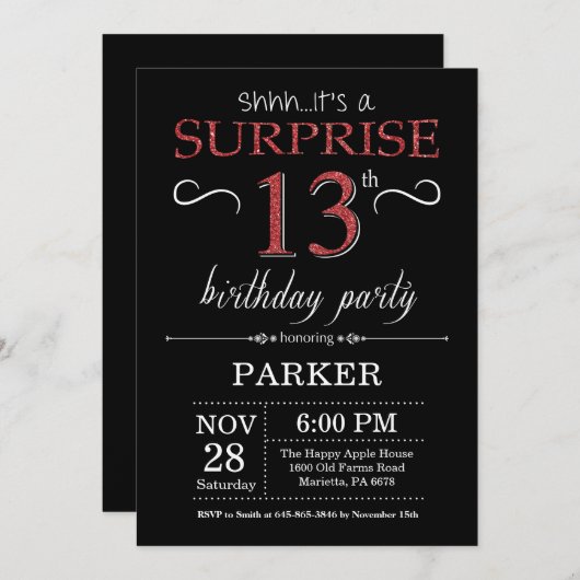 Verrassend 13e verjaardag Uitnodiging zwart-wit en (Voorkant / Achterkant)