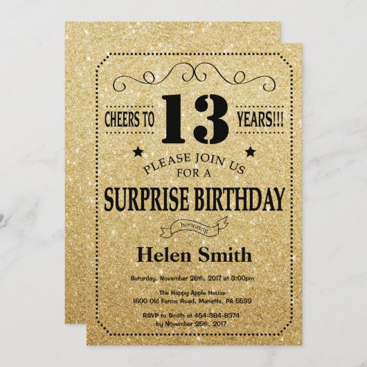 Verrassend 13e verjaardag zwart en gouden glitter kaart (Voorkant / Achterkant)