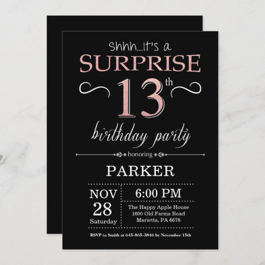 Verrassend 13e verjaardag zwart en Roos roze goud Kaart (Voorkant / Achterkant)