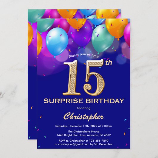 Verrassend 15e verjaardag marinenblauw en gouden b kaart (Voorkant / Achterkant)