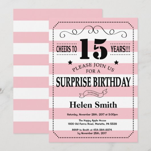 Verrassend 15e verjaardag Roze en Witte Stripes Kaart (Voorkant / Achterkant)