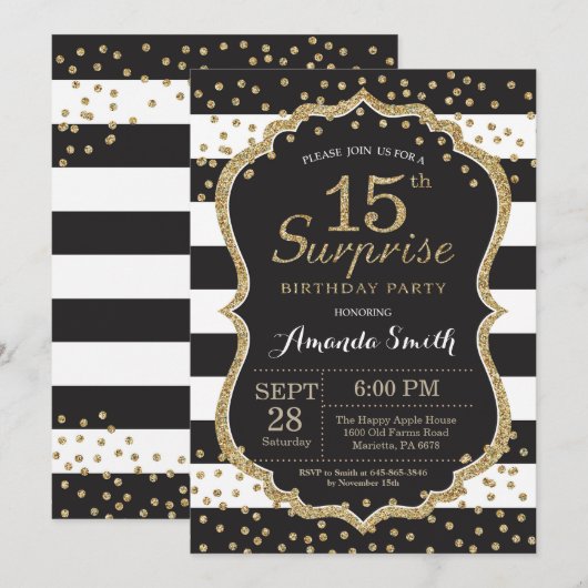 Verrassend 15e verjaardag uitnodiging. Gold Glitte Kaart (Voorkant / Achterkant)