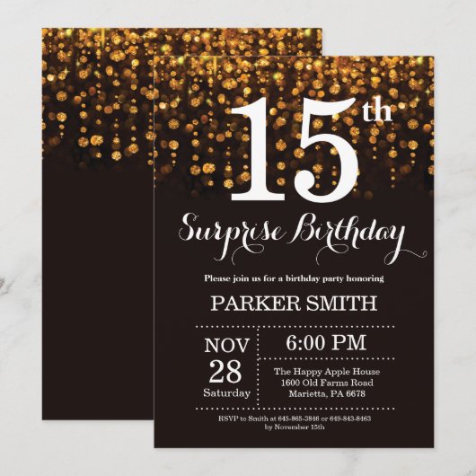 Verrassend 15e verjaardag Uitnodiging Gold Glitter (Voorkant / Achterkant)