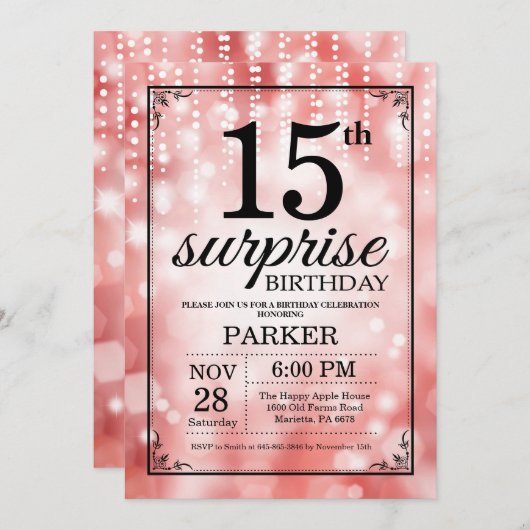 Verrassend 15e verjaardag Uitnodiging rood glitter (Voorkant / Achterkant)