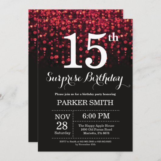 Verrassend 15e verjaardag Uitnodiging rood glitter (Voorkant / Achterkant)