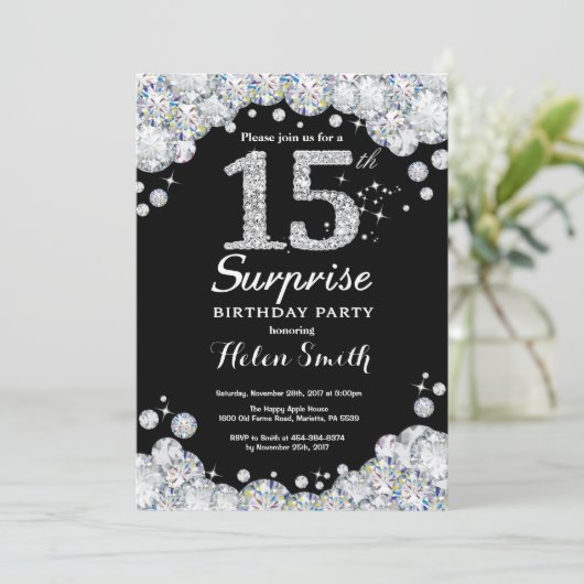 Verrassend 15e verjaardag Uitnodiging Silver Diamo (Staand voorkant)
