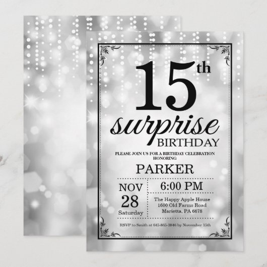 Verrassend 15e verjaardag Uitnodiging Zilveren Gli (Voorkant / Achterkant)