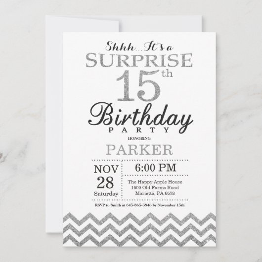 Verrassend 15e verjaardag Uitnodiging Zilveren Gli (Voorkant)