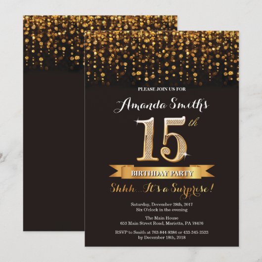 Verrassend 15e verjaardag Uitnodiging zwart en gou (Voorkant / Achterkant)
