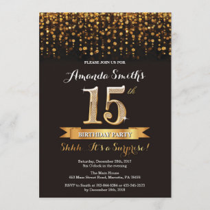 Verrassend 15e verjaardag Uitnodiging zwart en gou