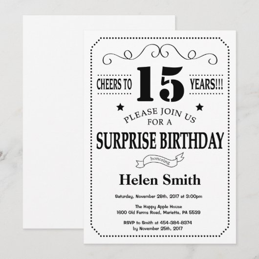Verrassend 15e verjaardag Uitnodiging zwart-wit (Voorkant / Achterkant)