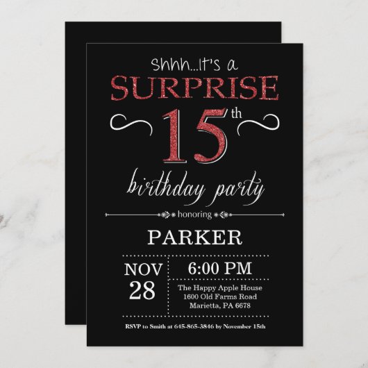 Verrassend 15e verjaardag Uitnodiging zwart-wit en (Voorkant / Achterkant)
