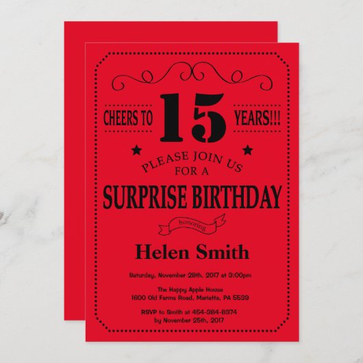 Verrassend 15e verjaardag Uitnodiging zwart-wit en (Voorkant / Achterkant)