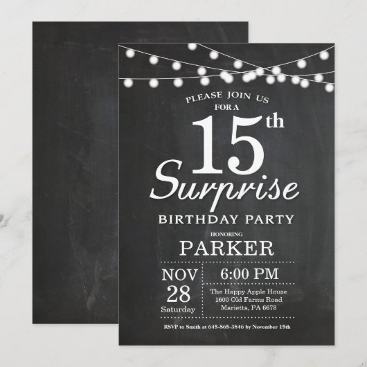 Verrassend 15e verjaardag Uitnodigingskarton Kaart (Voorkant / Achterkant)