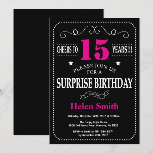 Verrassend 15e verjaardag warme roze en zwart kaart (Voorkant / Achterkant)