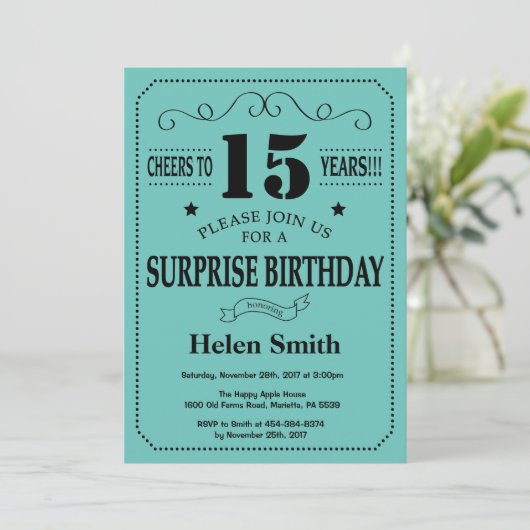 Verrassend 15e verjaardag zwart en Blauwgroen Kaart (Staand voorkant)