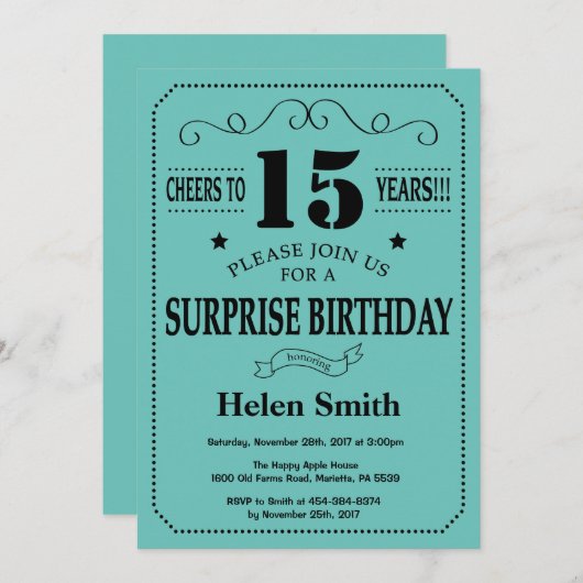 Verrassend 15e verjaardag zwart en Blauwgroen Kaart (Voorkant / Achterkant)