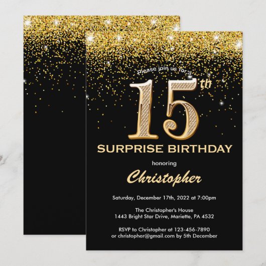 Verrassend 15e verjaardag zwart en gouden glitter kaart (Voorkant / Achterkant)