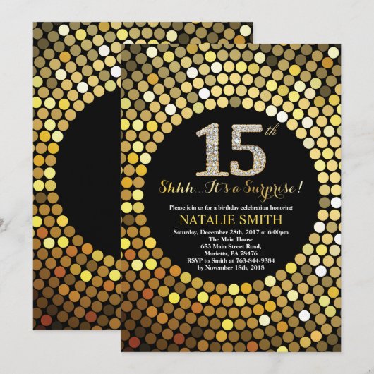 Verrassend 15e verjaardag zwart en gouden glitter kaart (Voorkant / Achterkant)
