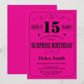 Verrassend 15e verjaardag zwart en warm roze kaart (Voorkant / Achterkant)