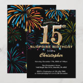Verrassend 15e verjaardag zwart goudregenboogvuurw kaart (Voorkant / Achterkant)
