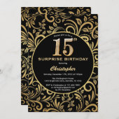 Verrassend 15e verjaardag zwarte en goudbloem kaart (Voorkant / Achterkant)