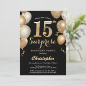 Verrassend 15e verjaardag zwarte en gouden ballonn kaart (Staand voorkant)