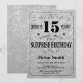 Verrassend 15th Birthday Black en Silver Glitter Kaart (Voorkant / Achterkant)