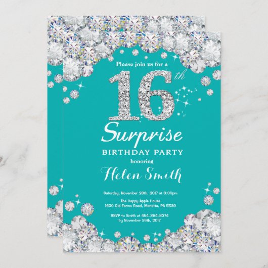 Verrassend 16e verjaardag Blauwgroen en Silver Dia Kaart (Voorkant / Achterkant)