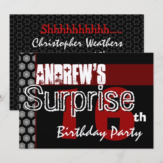 Verrassend 16e verjaardag Modern Red Black Kaart (Voorkant / Achterkant)