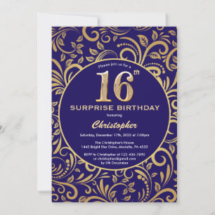 Verrassend 16e verjaardag Navy Blue en Gold Floral Kaart