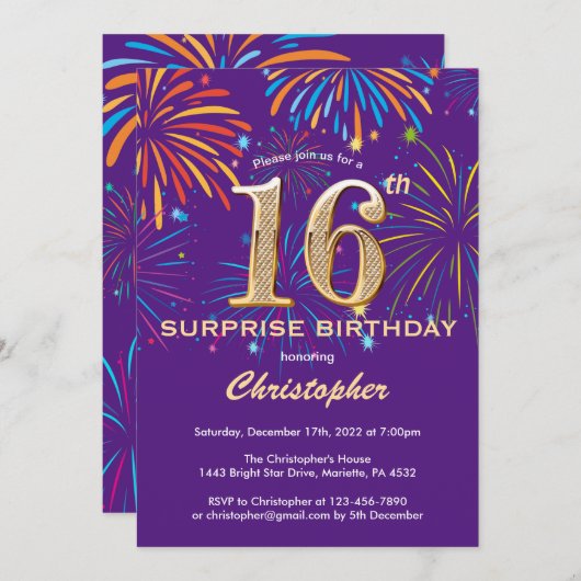 Verrassend 16e verjaardag Paars- en Gold-vuurwerk Kaart (Voorkant / Achterkant)